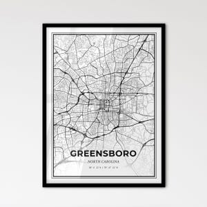Greensboro, Caroline du Nord - Plan de la ville de style scandinave pour une décoration intérieure moderne - Poster en noir et blanc