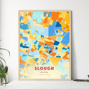 Carte artistique de couleurs côtières de Slough England, carte de la ville de Slough England - impression affiche personnalisable ou téléchargement numérique