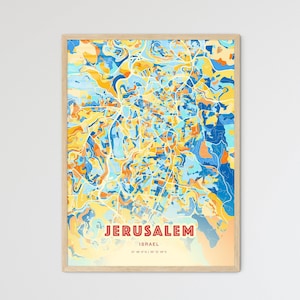 Carte artistique couleurs côtières de Jérusalem, carte de la ville de Jérusalem Israël - affiche personnalisable ou téléchargement numérique