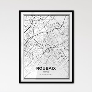 Roubaix, France - Plan de la ville de style scandinave pour une décoration intérieure moderne - Poster en noir et blanc