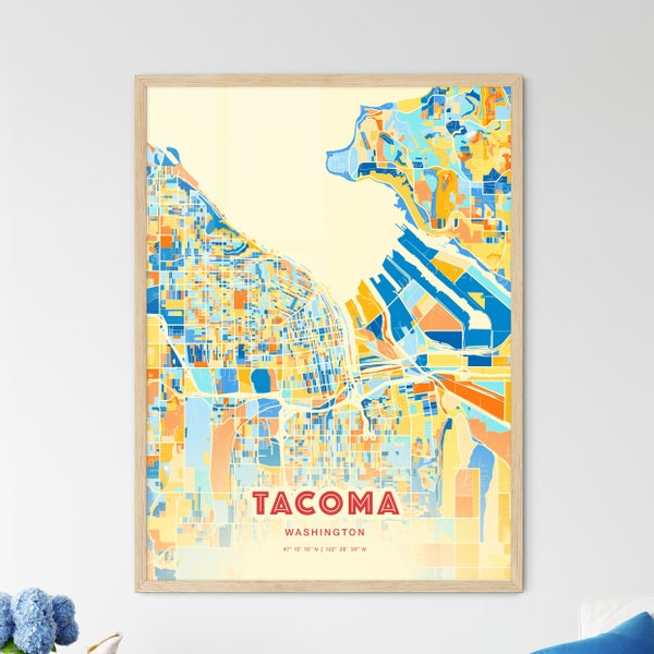 Colorful TACOMA WASHINGTON Blue Orange Fine Art Print, Tacoma Usa City Map, a perfect gift.