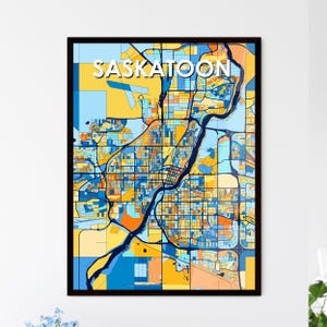Affiche de carte artistique de Saskatoon, Canada - Décoration murale vibrante | Idée cadeau unique pour les amateurs de décoration d'intérieur !