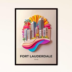 Vivid Fort Lauderdale, Florida - un ritaglio di carta di una città con palme - Stampa Fine Art, personalizzabile