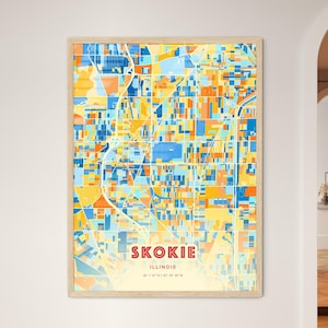 Mapa artístico de colores costeros de Skokie, Illinois. Mapa de la ciudad de Skokie, Estados Unidos. Impresión de póster personalizable, enmarcada o en dibond de aluminio.