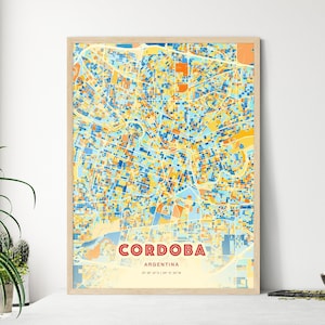 Carte d'art de couleurs côtières de Cordoue en Argentine, carte de la ville de Cordoue en Argentine - affiche personnalisable ou téléchargement numérique