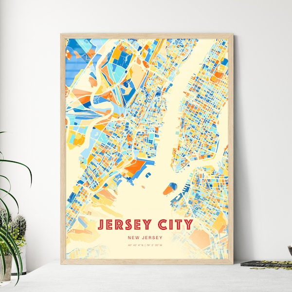 Colorful JERSEY City NEW JERSEY Blue Orange Fine Art Print, Jersey City Usa City Map, a perfect gift.