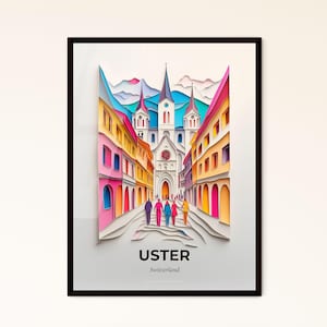 Das lebendige Uster, Schweiz - ein Scherenschnitt einer Stadt voller Passanten – Fine Art Print, individualisierbar