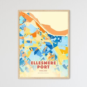 Carte artistique couleurs côtières d'Ellesmere Port England, carte d'Ellesmere Port England, impression poster personnalisable ou téléchargement numérique
