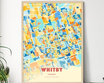 Colorful WHITBY CANADA Blue Orange Fine Art Print, Whitby Canada City Map, a perfect gift.