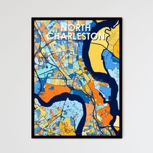 Carte artistique artistique de North Charleston SC - Décoration murale aux couleurs vives pour des cadeaux uniques | Superbe design d'intérieur