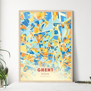 Carte artistique des couleurs de la côte belge de Gand, carte de la ville de Gand Belgique - impression poster personnalisable ou téléchargement numérique