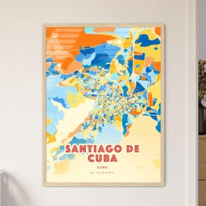 Mapa de arte com cores costeiras de Santiago de Cuba, mapa da cidade de Santiago de Cuba - pôster personalizável, impressão ou download digital