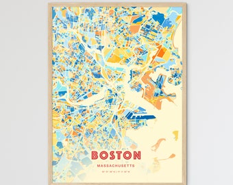 Colorful BOSTON MASSACHUSETTS Blue Orange Fine Art Print, Boston Usa City Map, a perfect gift.