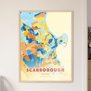 Carte artistique couleurs côtières de Scarborough, Angleterre, carte de la ville de Scarborough, Angleterre - affiche personnalisable ou téléchargement numérique