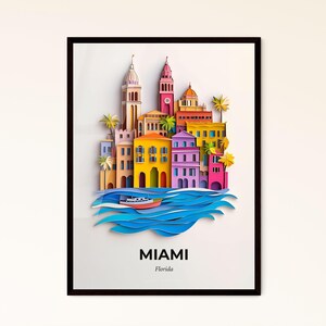 Vivid Miami, Florida - un ritaglio di carta di una città con una barca in acqua - Stampa Fine Art, personalizzabile
