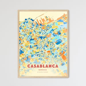 Mappa artistica dei colori costieri di Casablanca, Marocco, mappa della città di Casablanca, Marocco - Stampa poster personalizzabile o download digitale