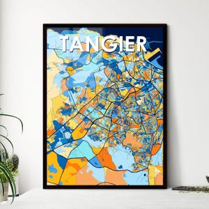 Poster carte artistique de Tanger, Maroc - Décoration colorée vibrante, cadeau unique pour la maison | Bureau, personnalisez votre espace !