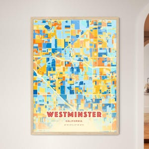 Carte artistique des couleurs côtières de Westminster en Californie, affiche de la ville natale créative bicolore de Westminster Usa, également en téléchargement numérique