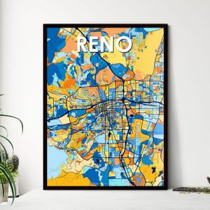 Pôster vibrante com mapa artístico de Reno, Nevada - Decoração de parede exclusiva | Presente personalizado para entusiastas de design de interiores