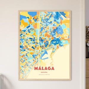 Carte artistique de couleurs côtières de Málaga Espagne, carte de la ville de Málaga Espagne - affiche personnalisable ou téléchargement numérique