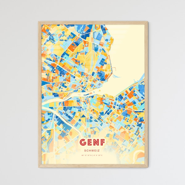 Colorful GENEVA SWITZERLAND Blue Orange Fine Art Print, Genf Schweiz City Map, a perfect gift.