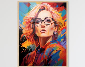 Erin Brockovich - A Woman With Glasses And A Colorful Background, Vibrant Colorful Painting | AI Art High-Resolution Print