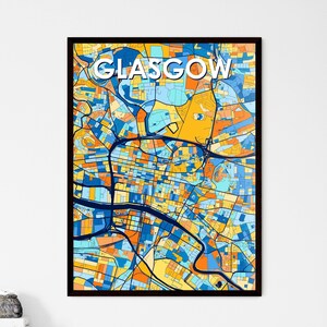 Carte artistique de Glasgow en Écosse - Décoration d'intérieur unique et vibrante | Le cadeau personnalisable parfait pour toutes les occasions !