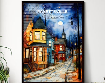 Fayetteville, North Carolina, A Poster of a street with houses and trees in the background. Customisable travel art print, a memorable gift.