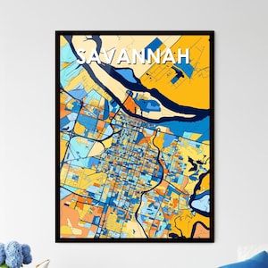 Affiche de carte artistique de Savannah en Géorgie - Décoration murale vibrante | Cadeau unique pour une décoration d'intérieur ou une occasion spéciale !