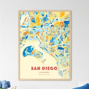 San Diego Kalifornien Küstenfarben Kunst Karte, San Diego USA Stadt Karte - Personalisierter Poster Druck oder digitaler Download