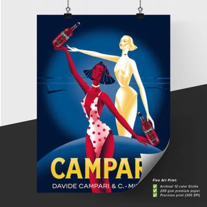 Celebrazione di stile e sapore: donne iconiche brindano con Campari in una vivace opera d'arte retrò.