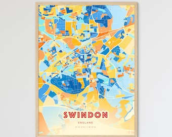 Colorful SWINDON ENGLAND Blue Orange Fine Art Print, Swindon England City Map, a perfect gift.