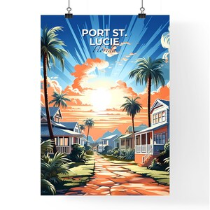 Port St. Lucie, Florida, una strada con palme e case – Collezione Travel Skylines / Personalizzabile