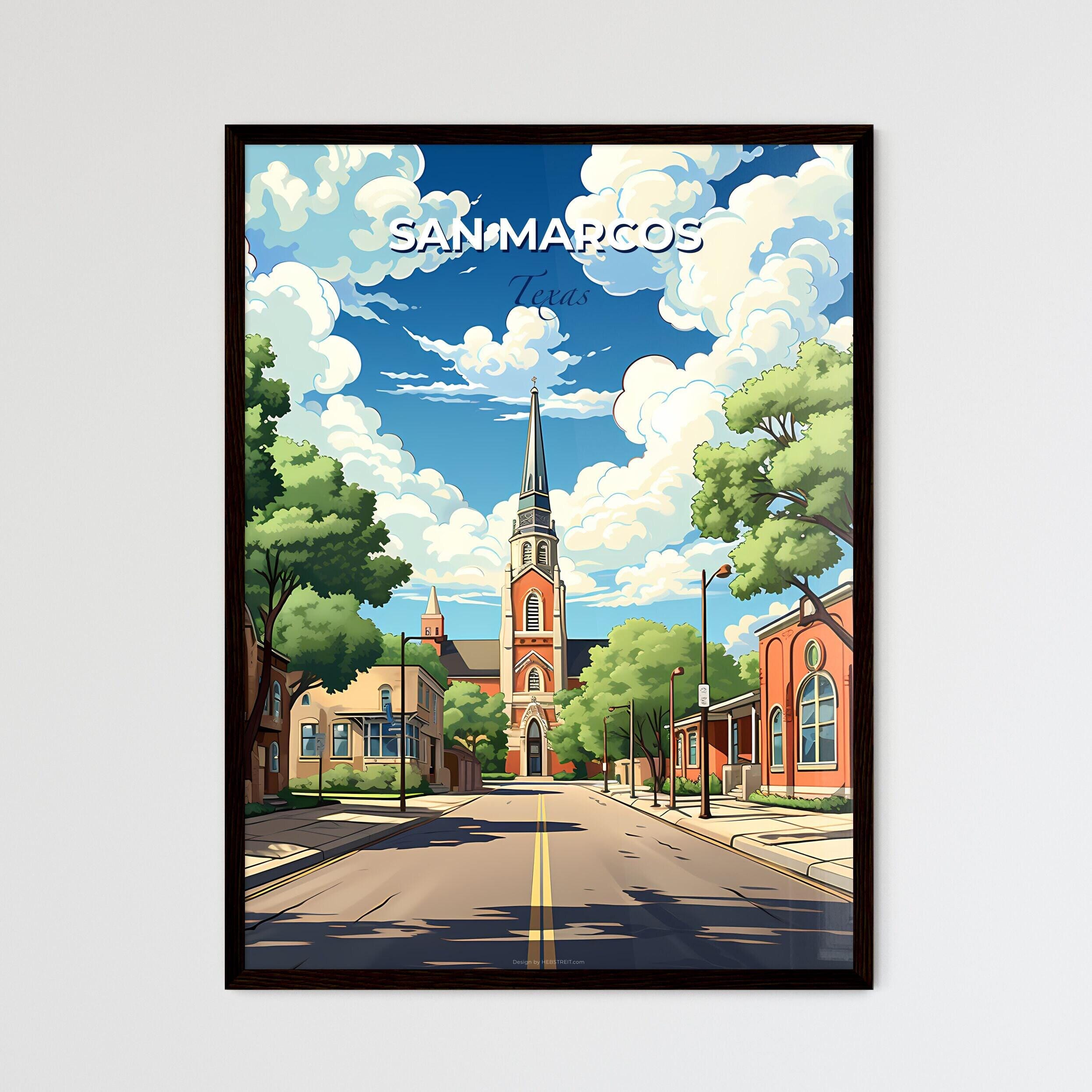 San Marcos Artwork, Texas City Print, San Marcos Skyline, Custom Travel Wall Art, Scenic Church and Trees, Unique Cityscape Decor
