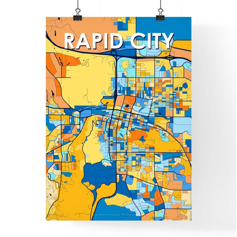 Customizable Vibrant Art Map of Rapid City, SD Unique Wall Decor Print