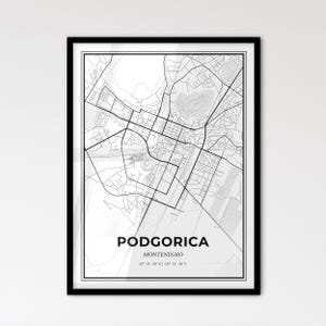 Podgorica Kroatien - Stadtplan im Skandinavischen Stil für das moderne Wohndekor - schwarz weiß Poster