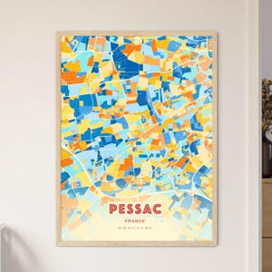 Carte artistique couleurs côtières de Pessac France, carte de la ville de Pessac France - affiche personnalisable impression ou téléchargement numérique