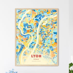 Carte artistique de Lyon France couleurs côtières, carte de la ville de Lyon France - affiche personnalisable impression ou téléchargement numérique