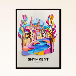La vibrante Shymkent, Kazajistán: una ciudad colorida con un río y árboles – Impresión artística personalizable