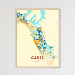 Cadiz Spanien Küstenfarben Kunst Karte, Cadiz España Stadt Karte - Personalisierbarer Posterdruck oder digitaler Download