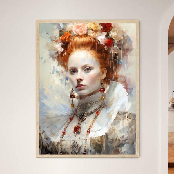 Elizabeth I Queen Of England And Ireland - A Woman With Red Hair And Necklace, Vibrant Colorful Painting | AI Art High-Resolution Print