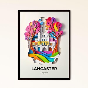 Lancaster, Kalifornien - Scherenschnitt einer Stadt inmitten von Bäumen – Fine Art Print, individualisierbar