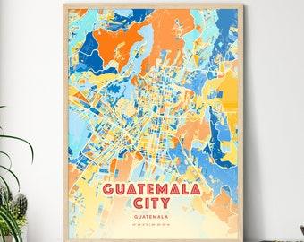 Colorful GUATEMALA CITY GUATEMALA Blue Orange Fine Art Print, Guatemala City Guatemala City Map, a perfect gift.