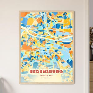 Mappa artistica dei colori costieri di Ratisbona, Germania, mappa della città di Ratisbona, Germania - Stampa poster personalizzabile o download digitale
