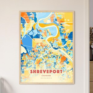 Mapa artístico de colores costeros de Shreveport, Luisiana, mapa de la ciudad de Shreveport, EE. UU. - Impresión de póster personalizable, enmarcada o en dibond de aluminio