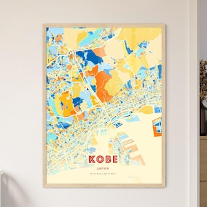 Carte artistique des couleurs côtières de Kobe Japon, carte de la ville de Kobe Japon - affiche personnalisable ou téléchargement numérique