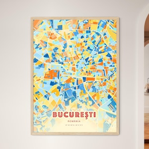Colorida impresión de bellas artes de Bucarest Rumania azul naranja, mapa de la ciudad de Bucureşti România - Impresión de póster personalizable, enmarcado o aluminio dibond