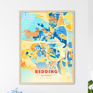 Impression artistique colorée Redding Californie bleu orange, Redding Usa affiche créative bicolore ville natale de la ville, également en téléchargement numérique