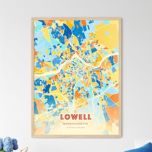 Carte artistique des couleurs côtières de Lowell Massachusetts, affiche créative bicolore de la ville natale de Lowell Usa, également en téléchargement numérique