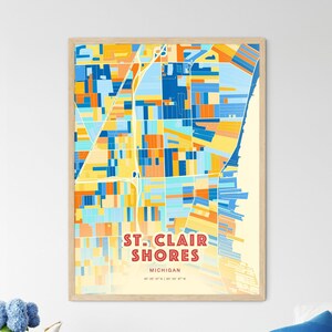 Mapa artístico de cores costeiras de St. Clair Shores, Michigan. Mapa da cidade de St. Clair Shores, Estados Unidos. Um presente perfeito.